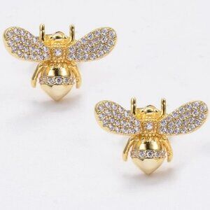 Women's Gold Metal Cubic Zirconia Bee Stud Earrings.